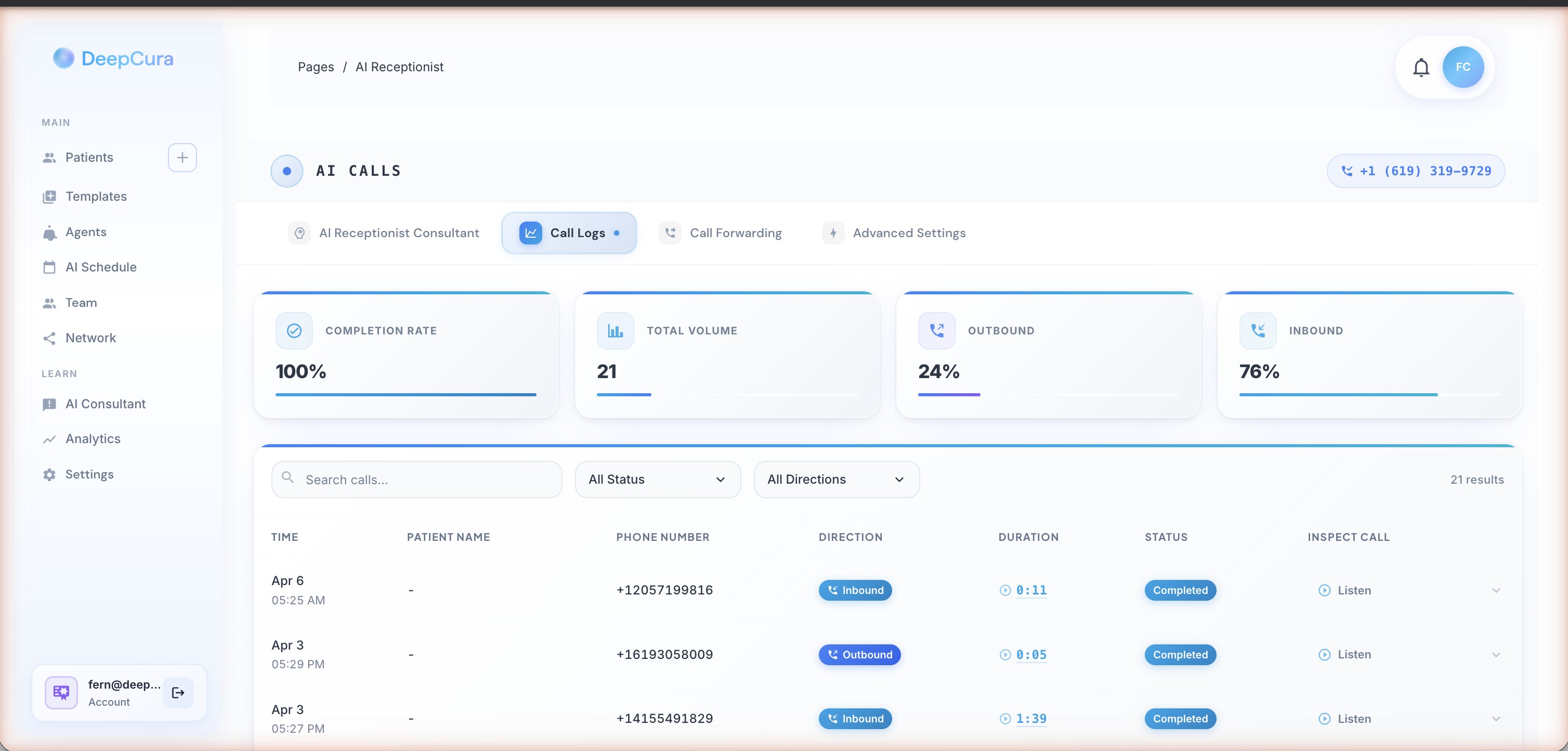 AI Receptionist Call Logs tab