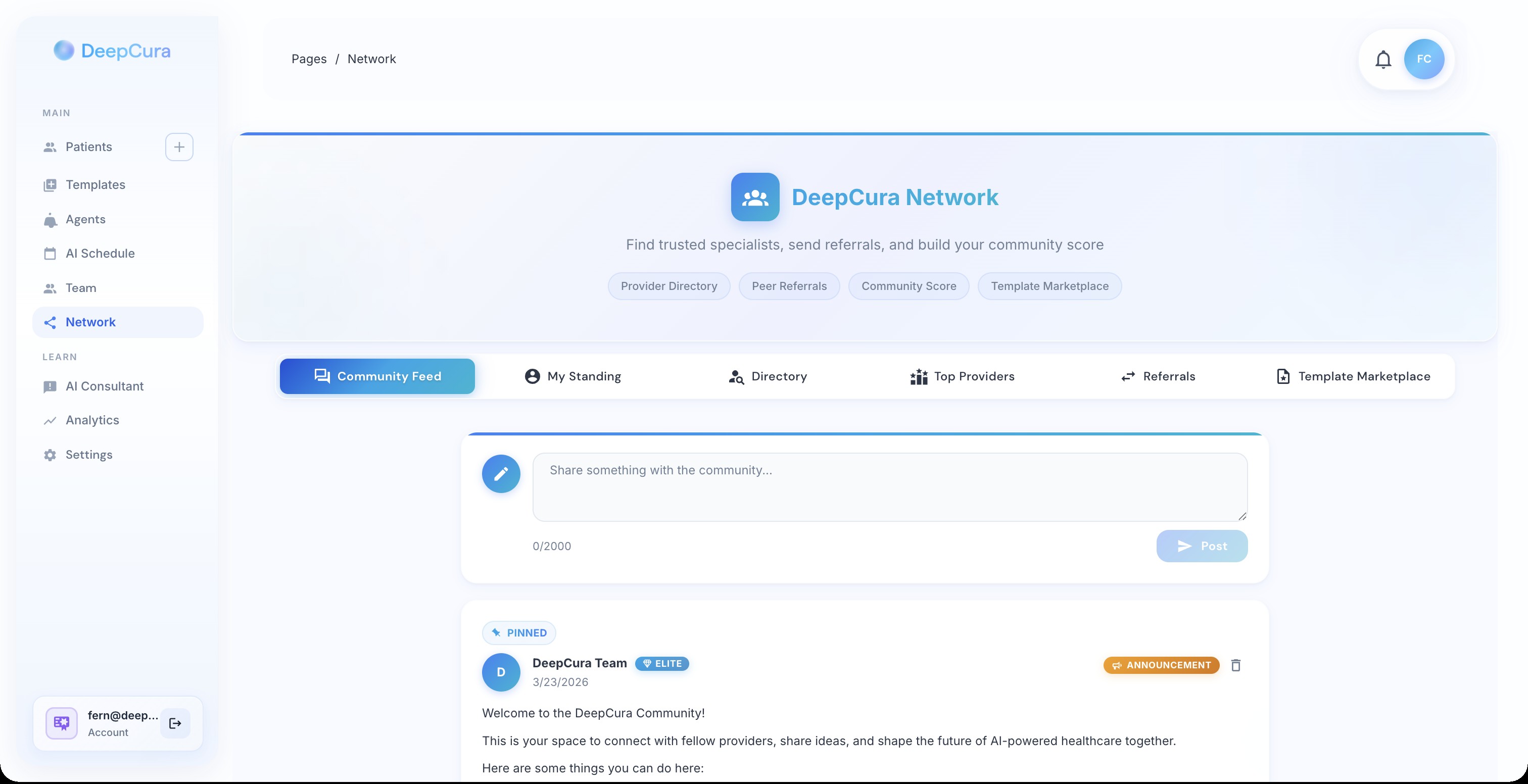 Provider Network with community feed and directory