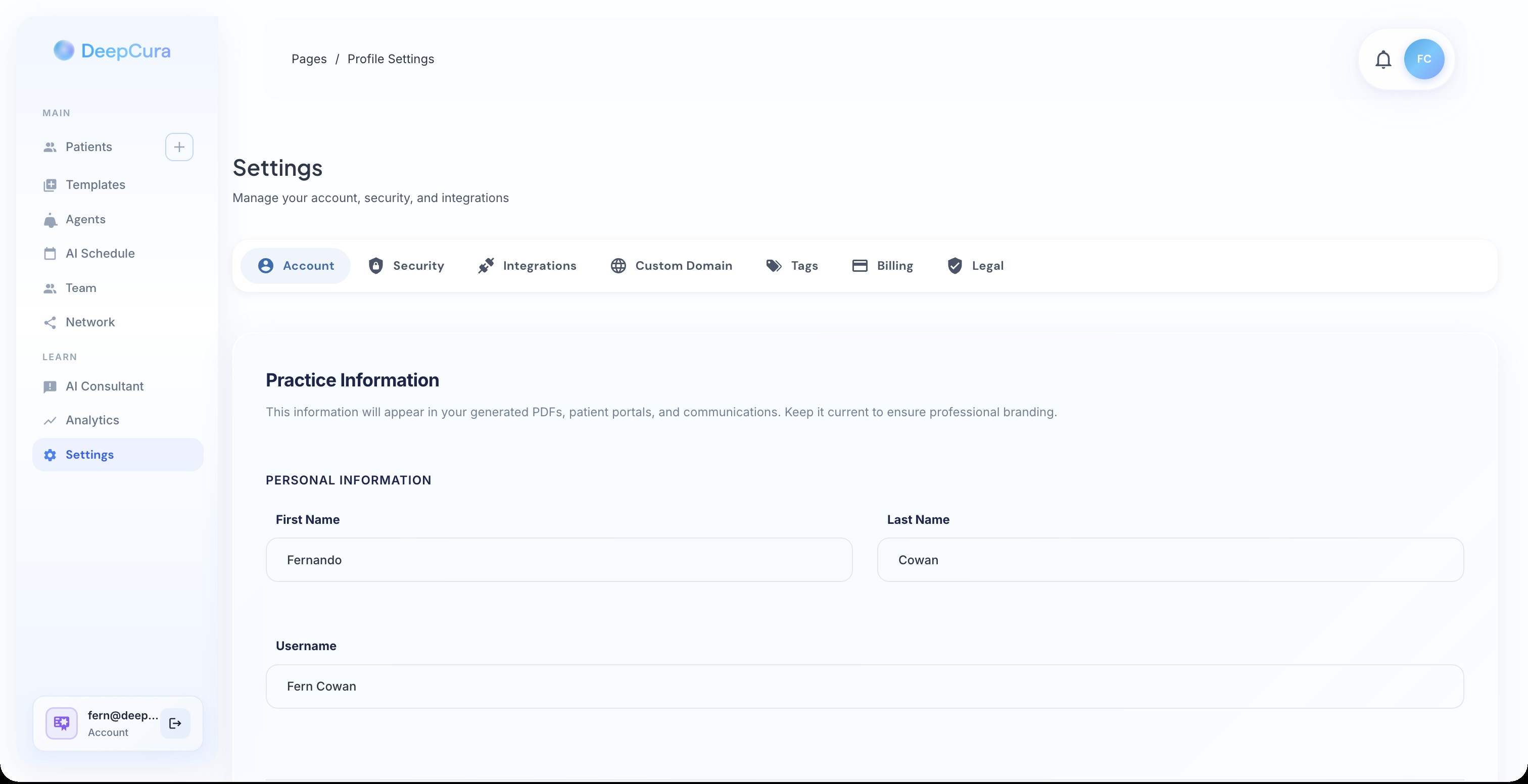 Settings Account tab with practice information