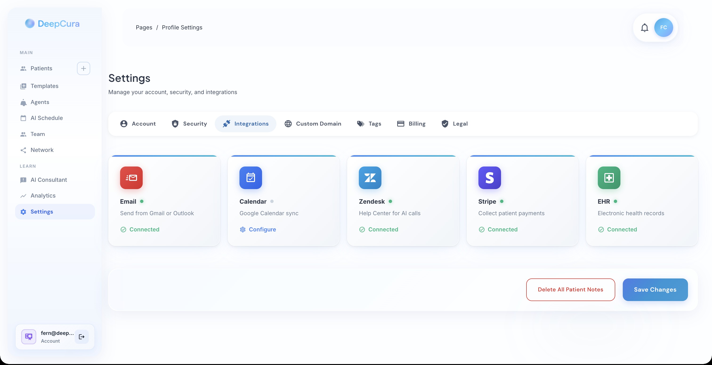 Settings Integrations tab with EHR and calendar connections