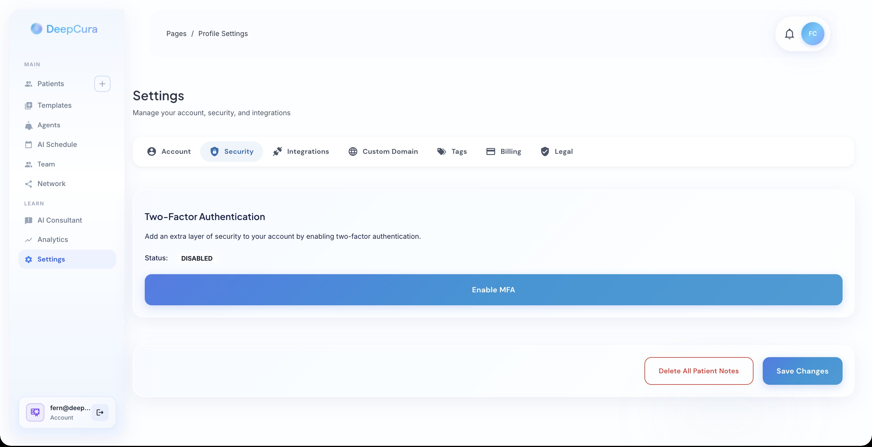 Security settings with two-factor authentication