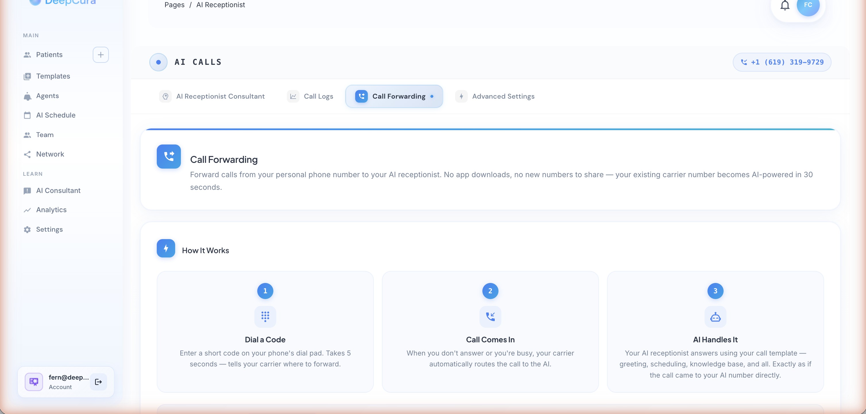 AI Receptionist Call Forwarding tab