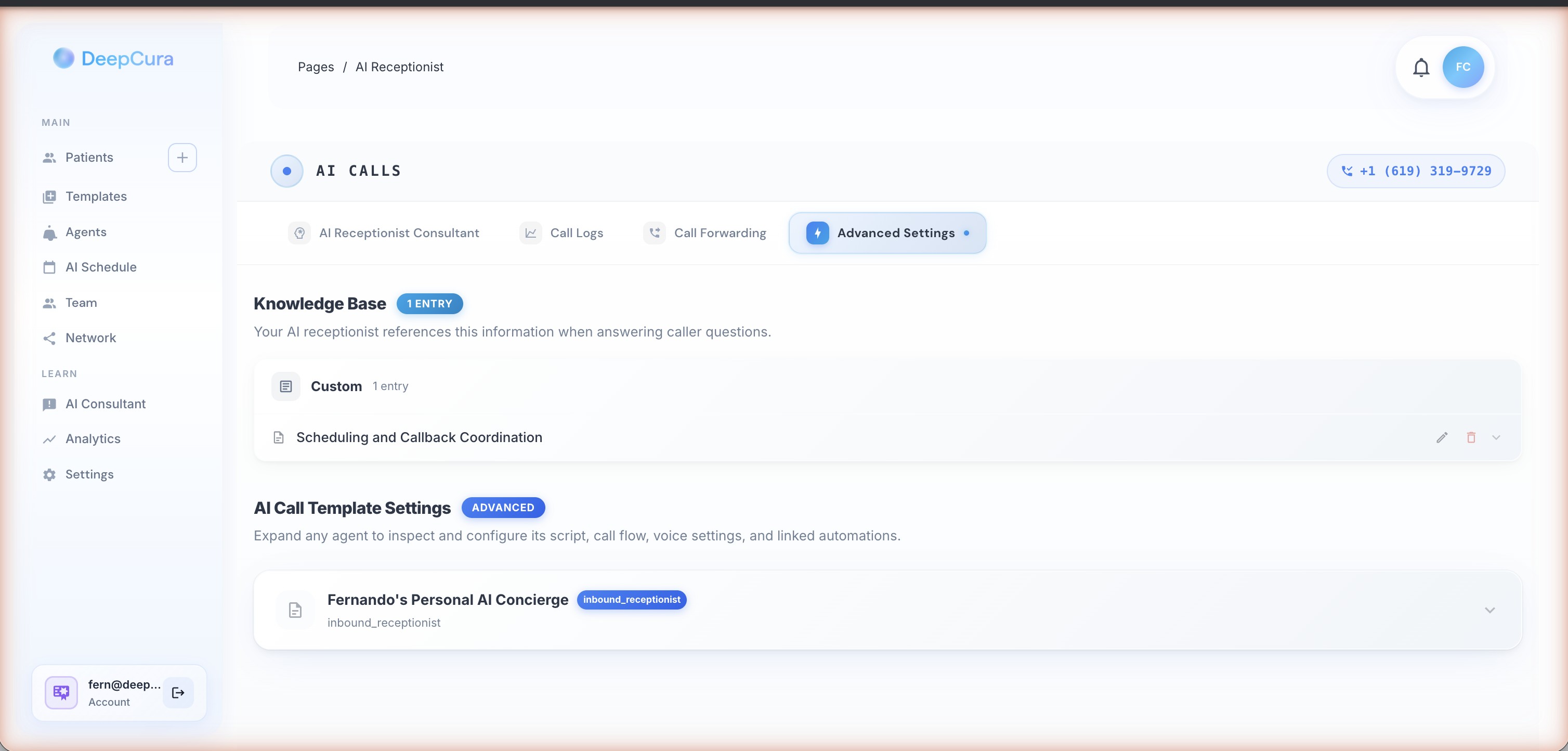 AI Receptionist Advanced Settings tab