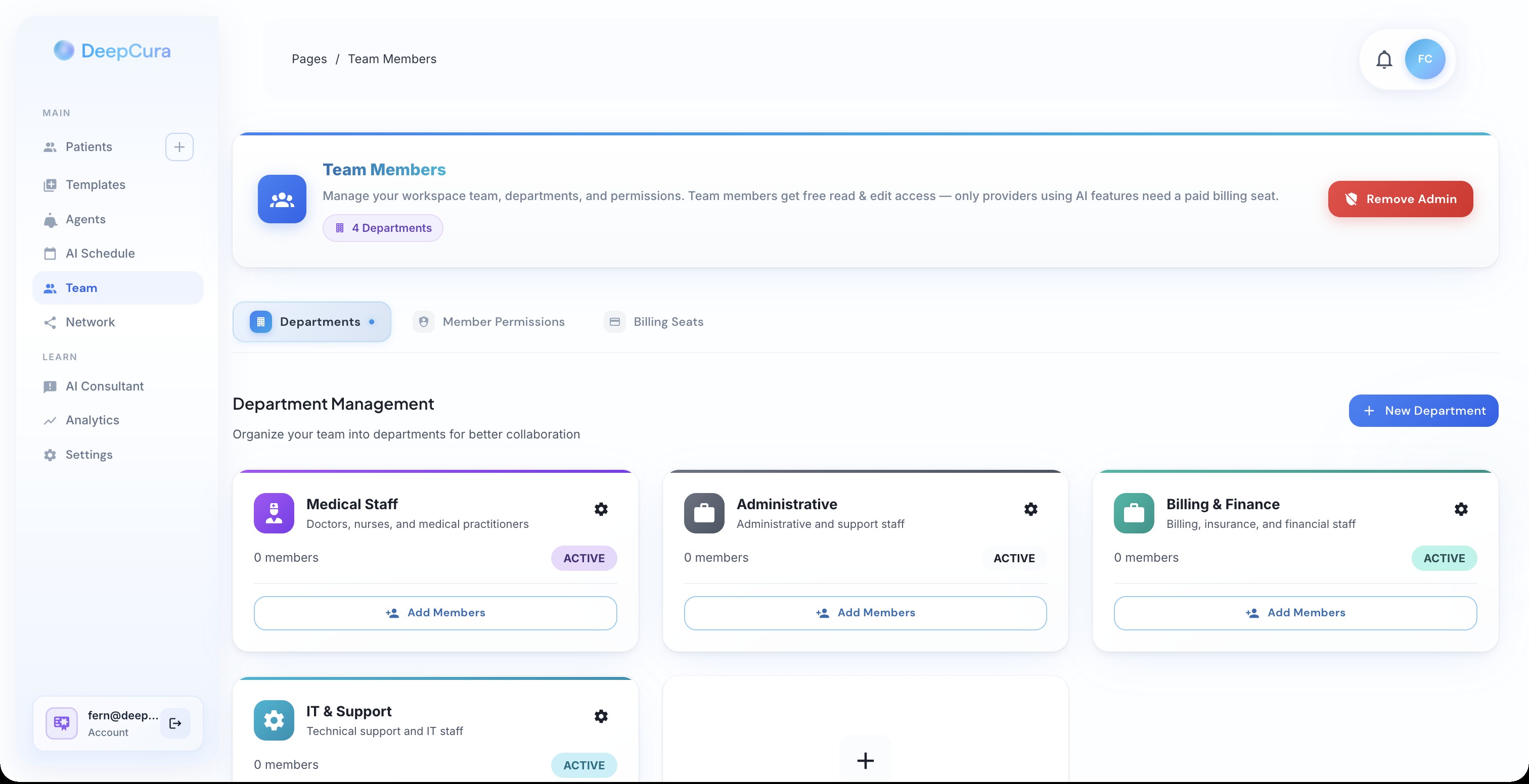 Team Members page with departments and permissions