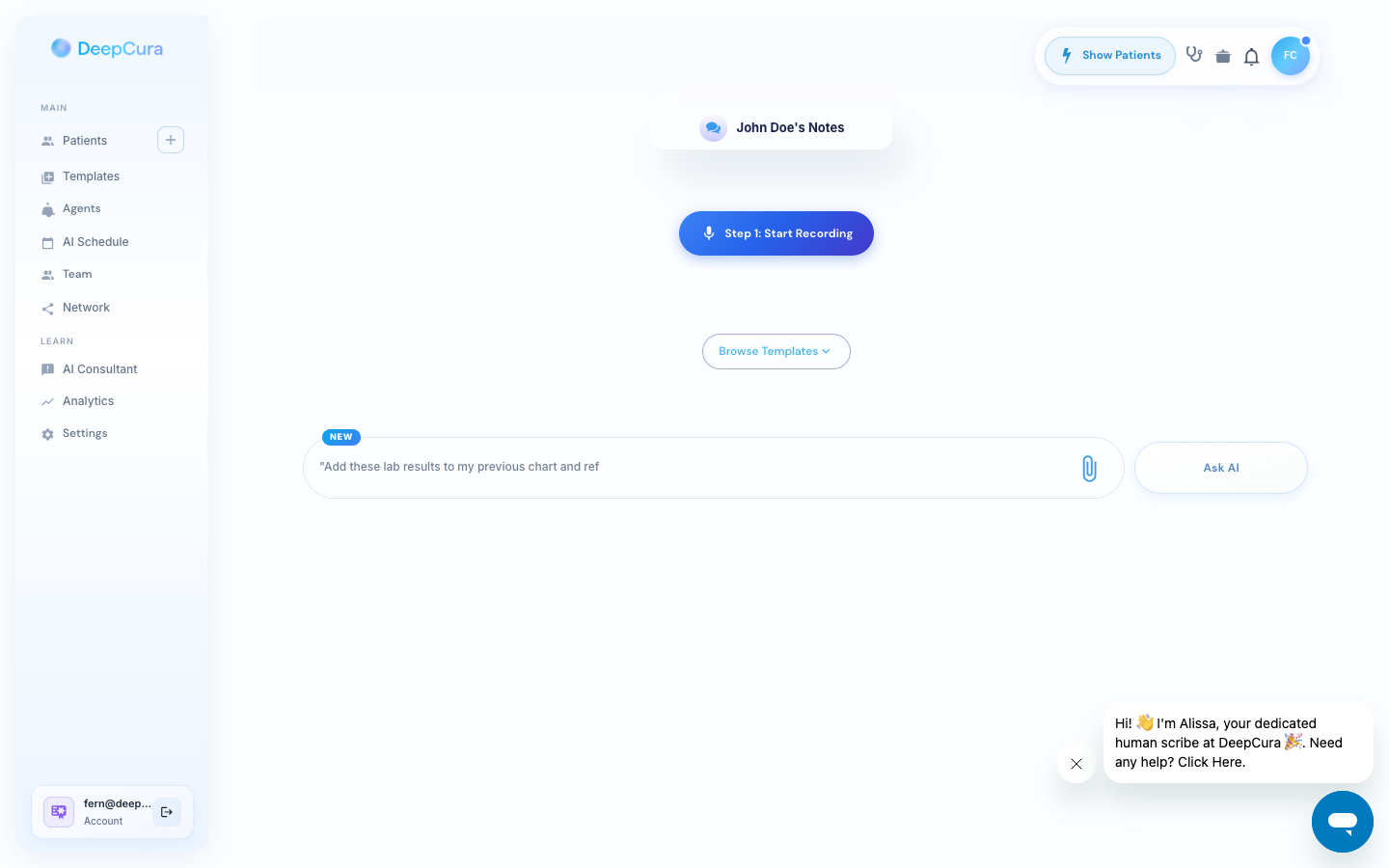 AI Scribe workspace overview