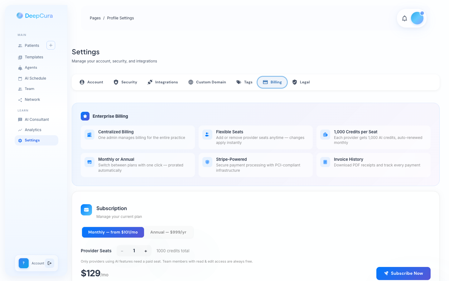 Settings Billing tab