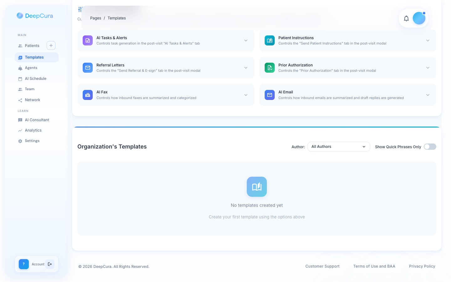 Template library with pre-built medical templates