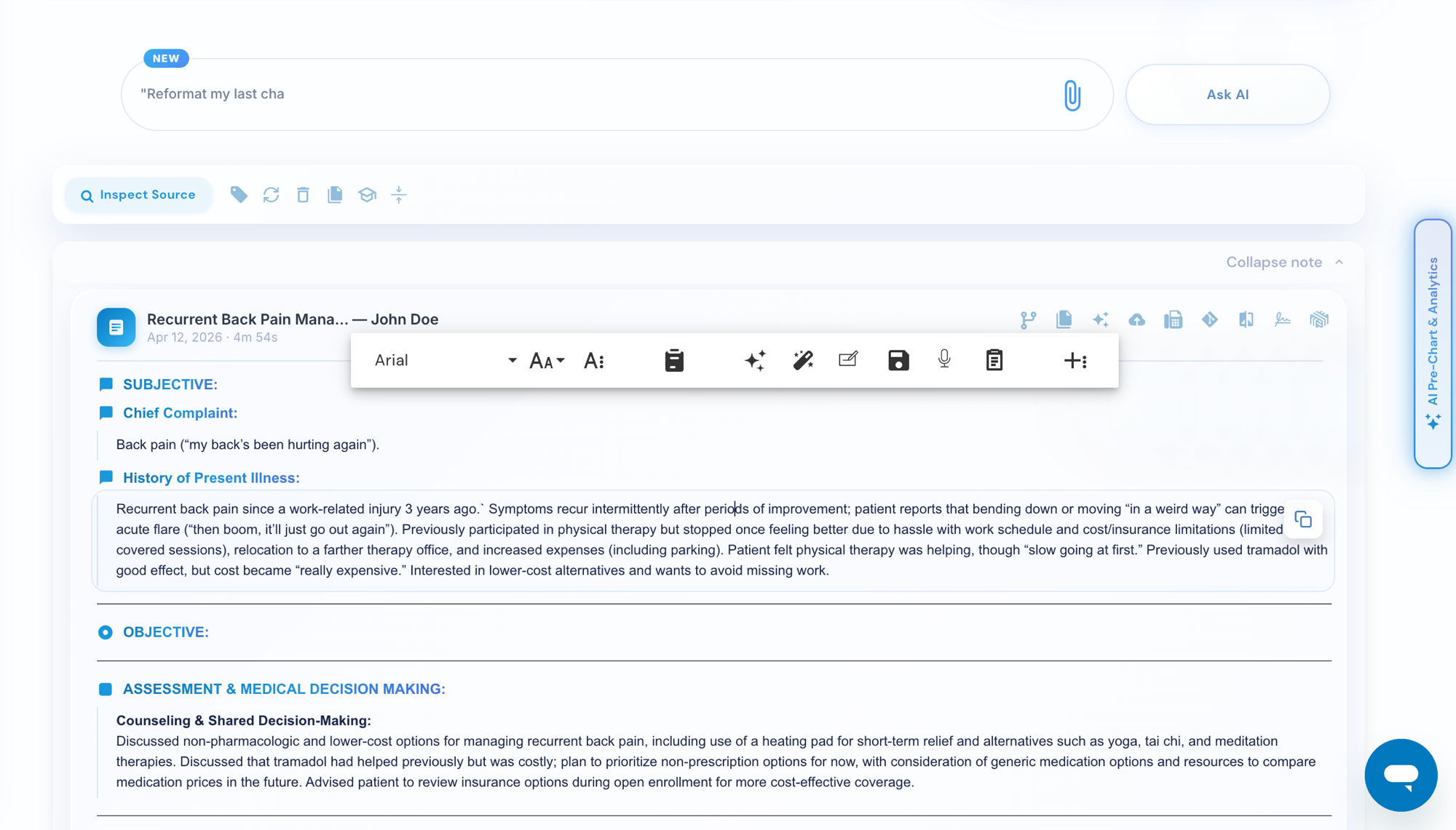 Note editor with formatting toolbar and AI-generated clinical note