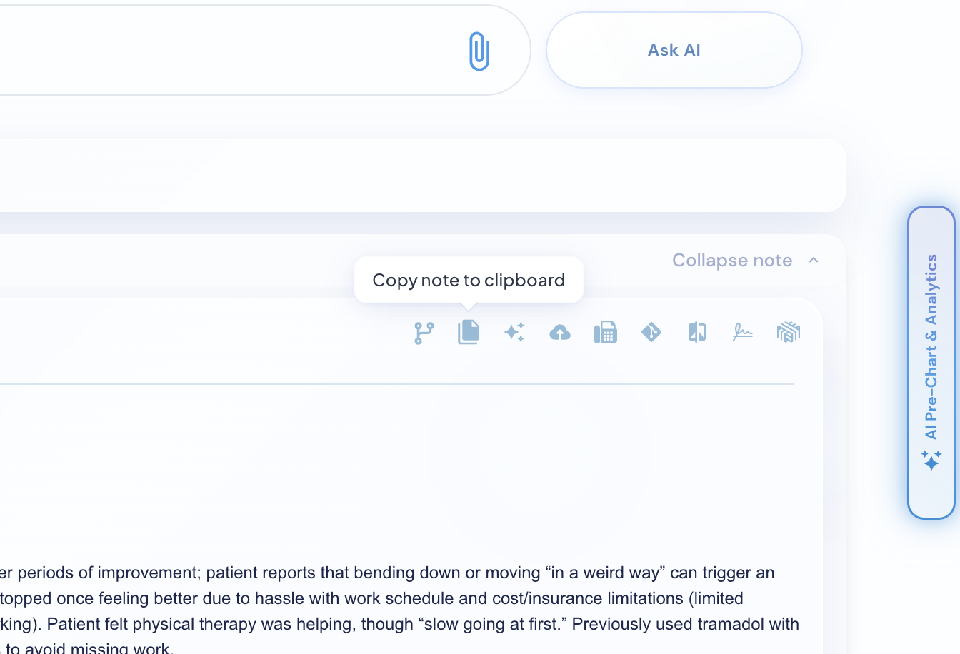 Action icons row showing Copy, PDF, Gmail, EHR, Fax and more