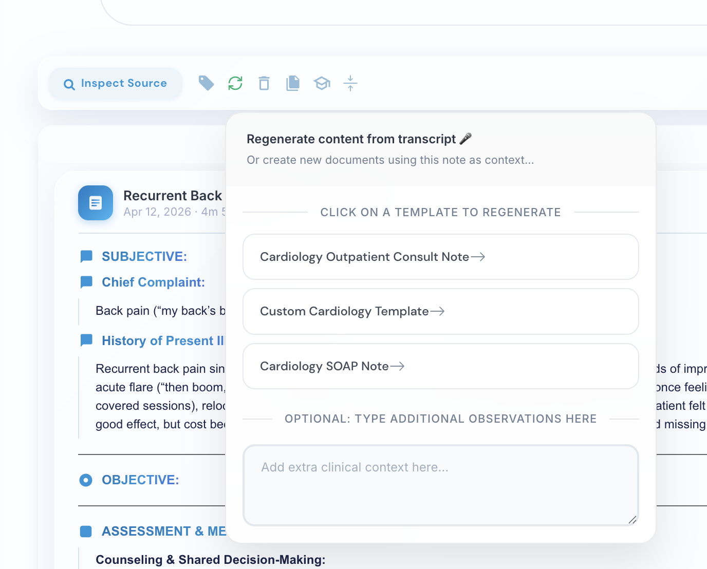 Regenerate note panel showing template selection and additional context field