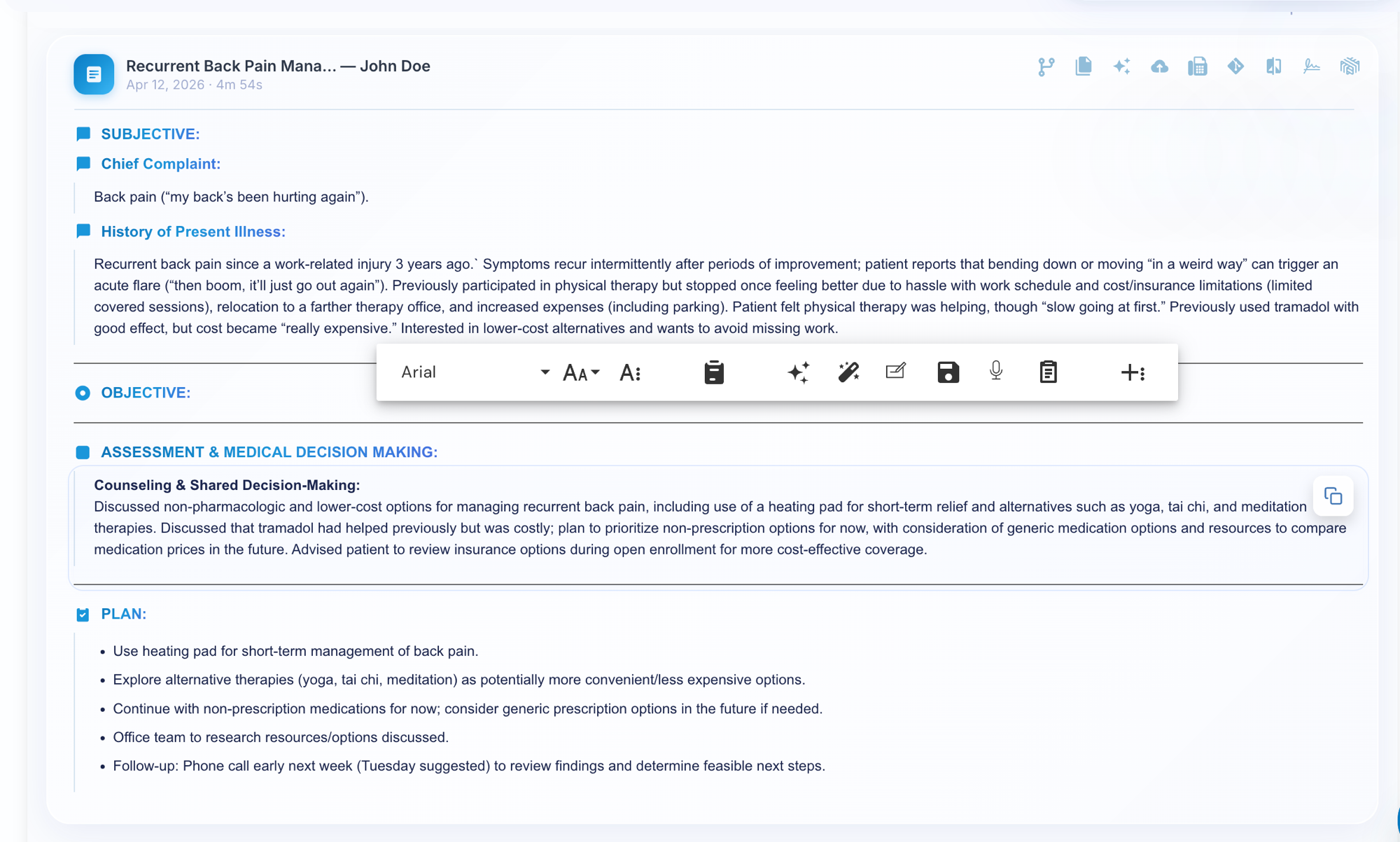 Note editor with formatting toolbar showing a clinical note with SUBJECTIVE, OBJECTIVE, and ASSESSMENT sections