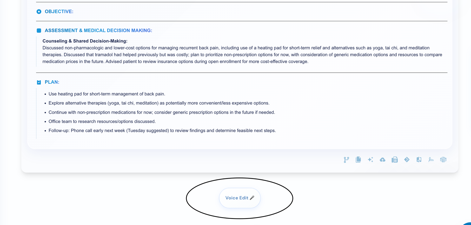 Voice Edit button below a generated clinical note with action icons