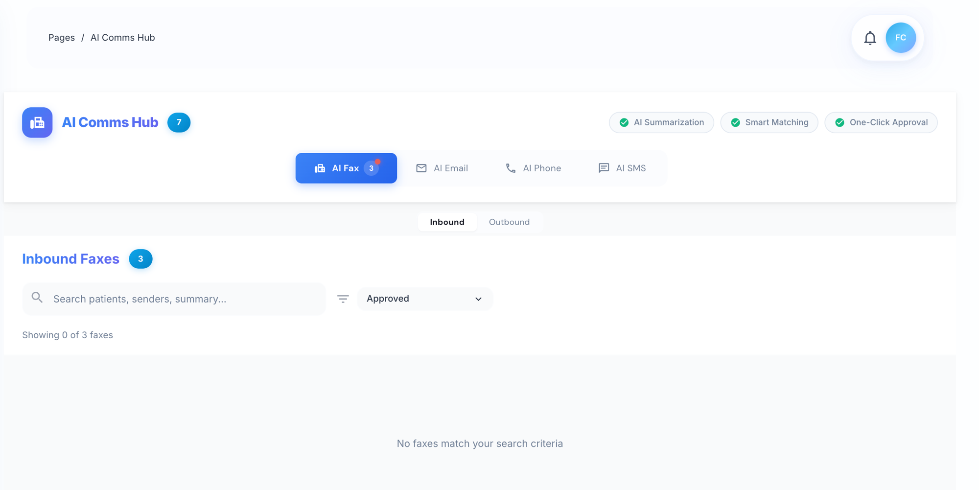 AI Comms Hub with AI Fax, AI Email, AI Phone, and AI SMS tabs