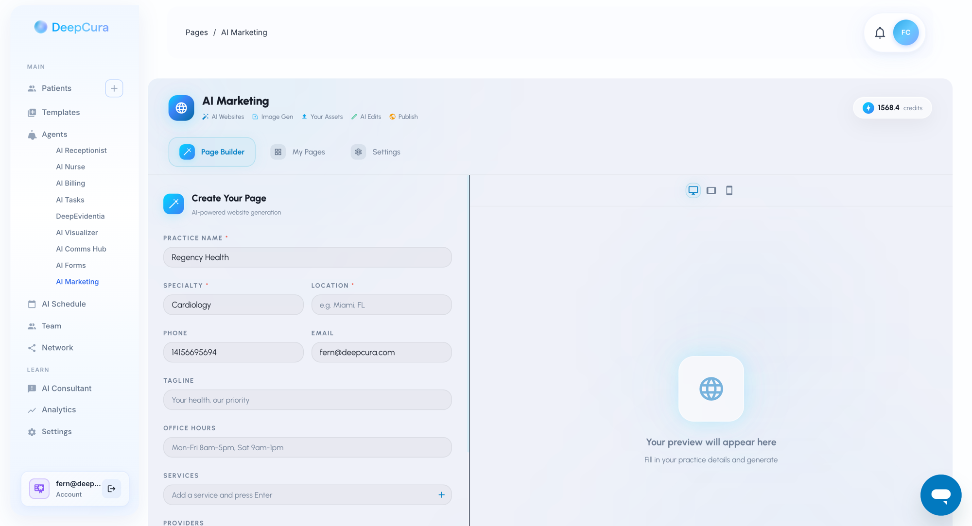 AI Marketing page builder with practice details form and live preview
