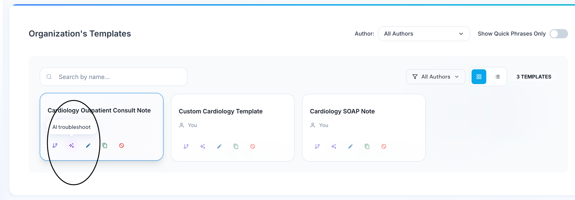 Template cards with AI troubleshoot optimization action highlighted