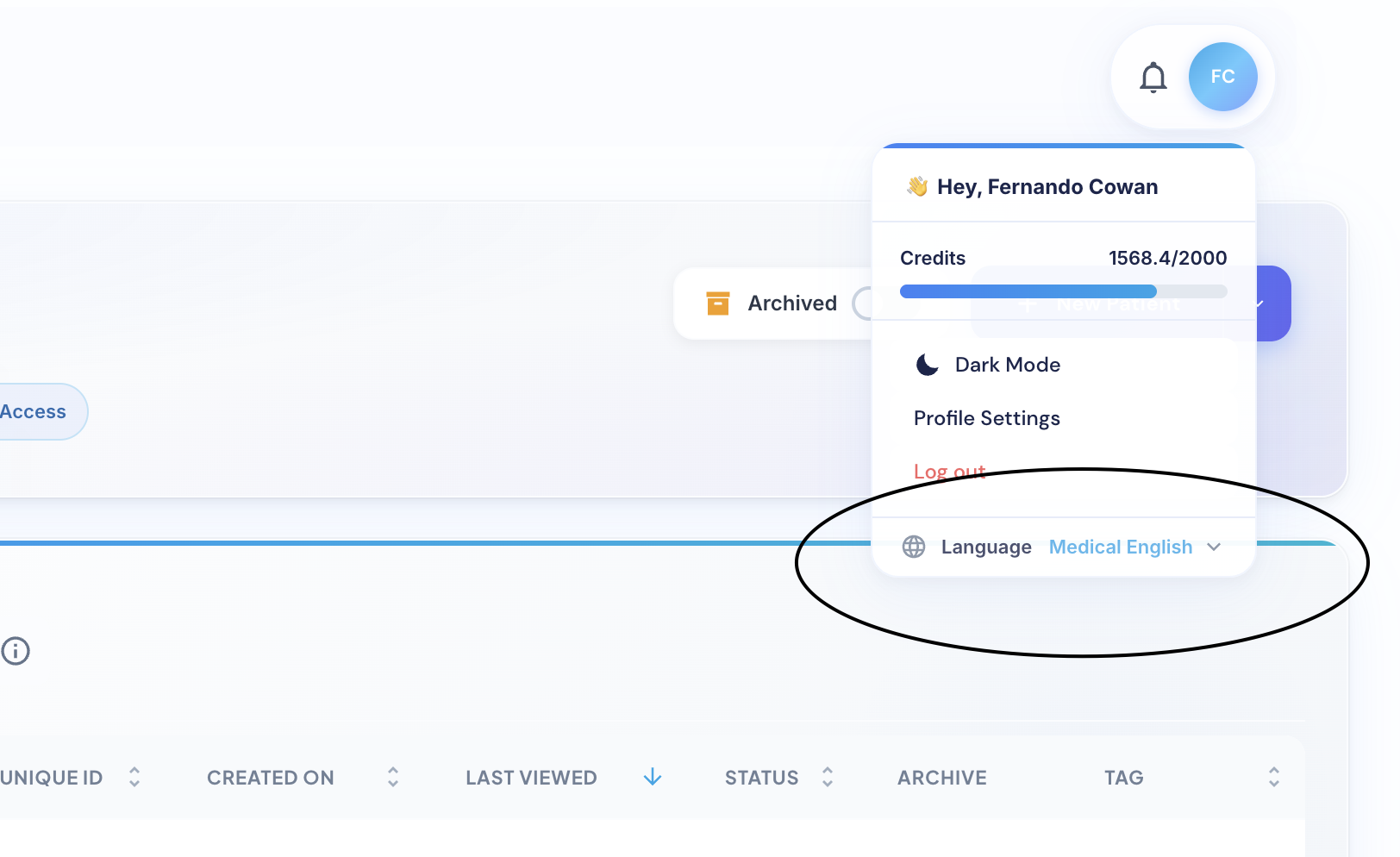 Profile menu with Language selector set to Medical English