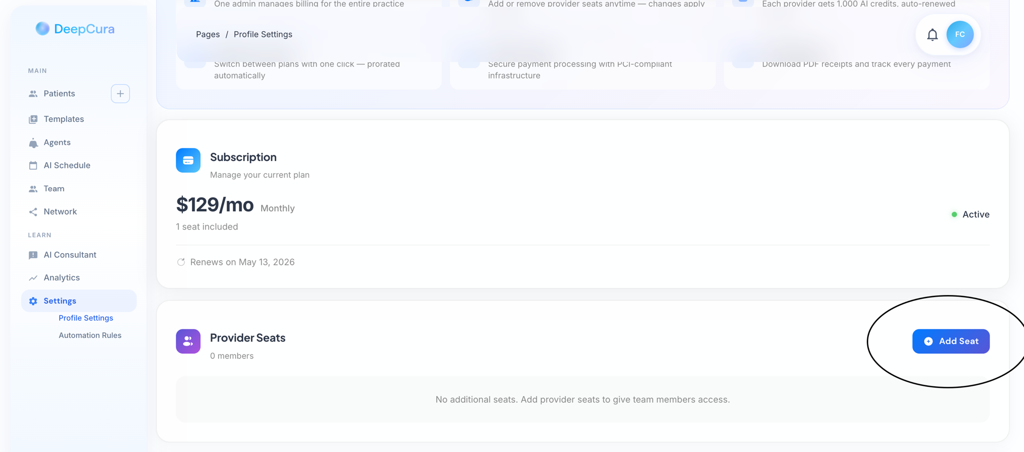 Billing page showing Subscription plan and Provider Seats with Add Seat button