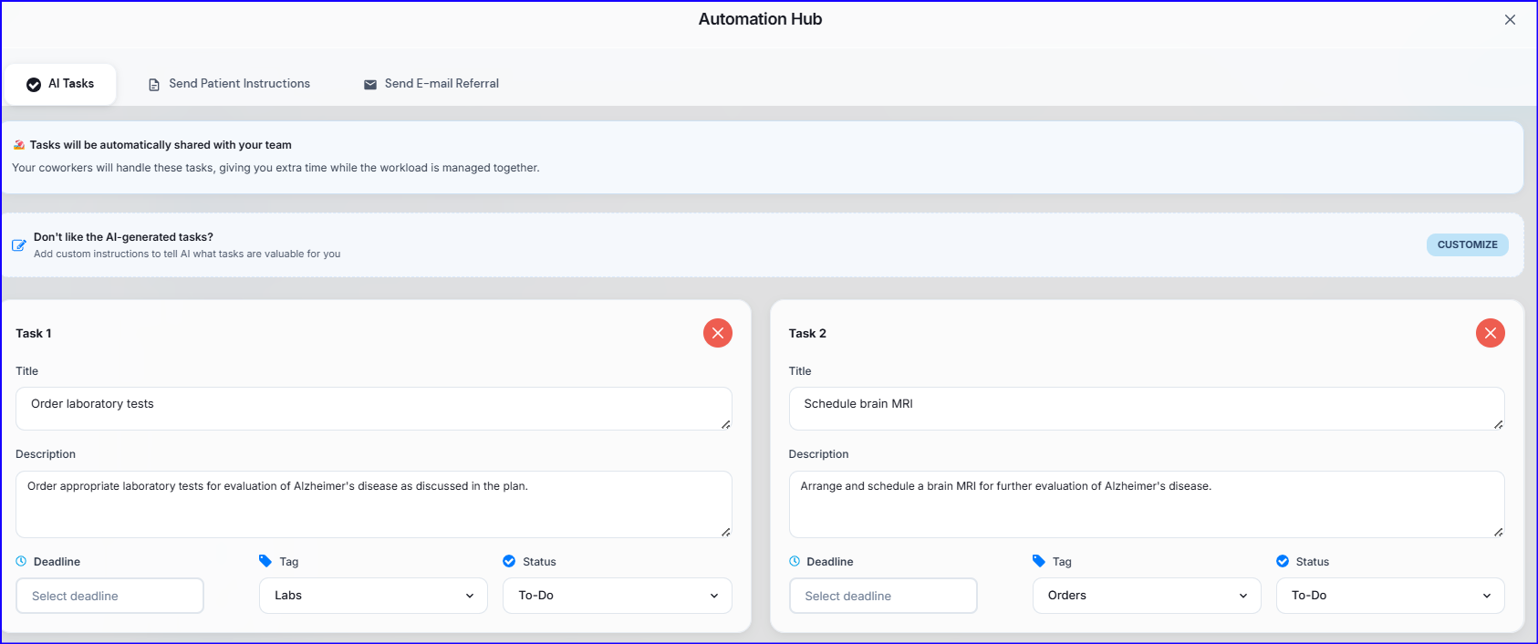 AI Tasks tab showing the full task board with status columns