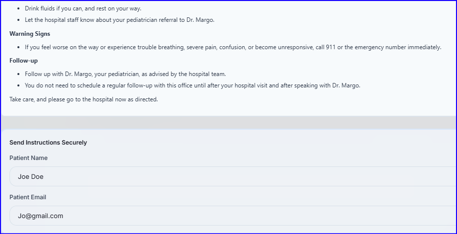 Patient instructions summary with email send and PDF download options