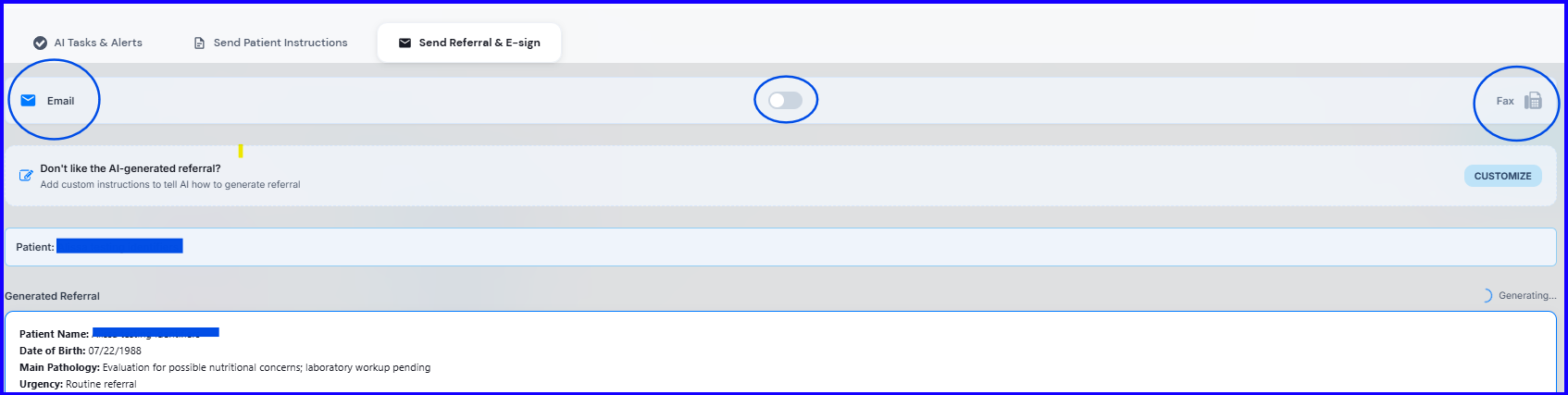 Referral tab in the Automation Hub showing email and fax send options