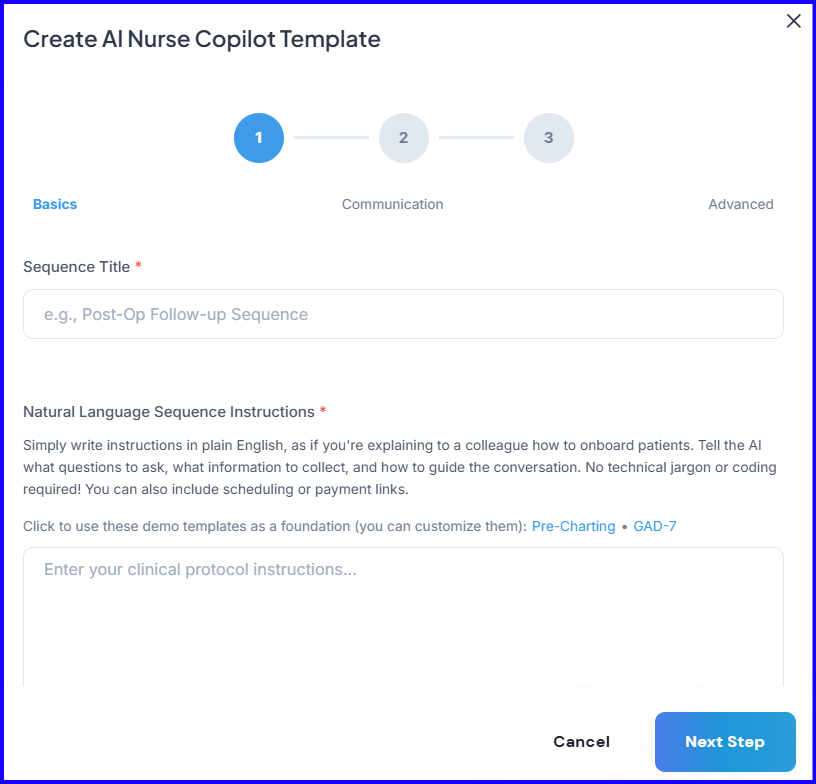 AI Nurse template basics page — title and sequence instructions