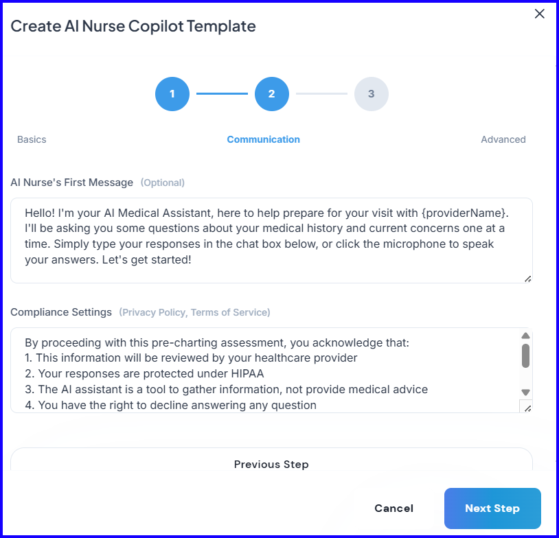 AI Nurse communication settings — welcome message and compliance