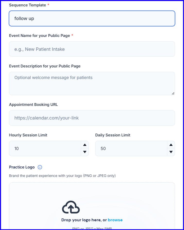 AI Nurse public link configuration — event name, session limits, logo