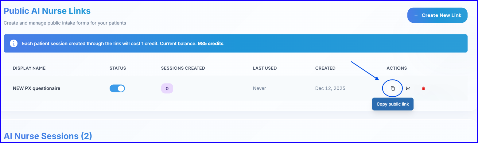 Sharing the AI Nurse intake link — copy, embed, or QR code