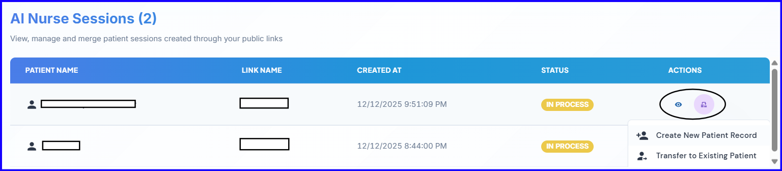 AI Nurse completed sessions table — status, actions, and transfer