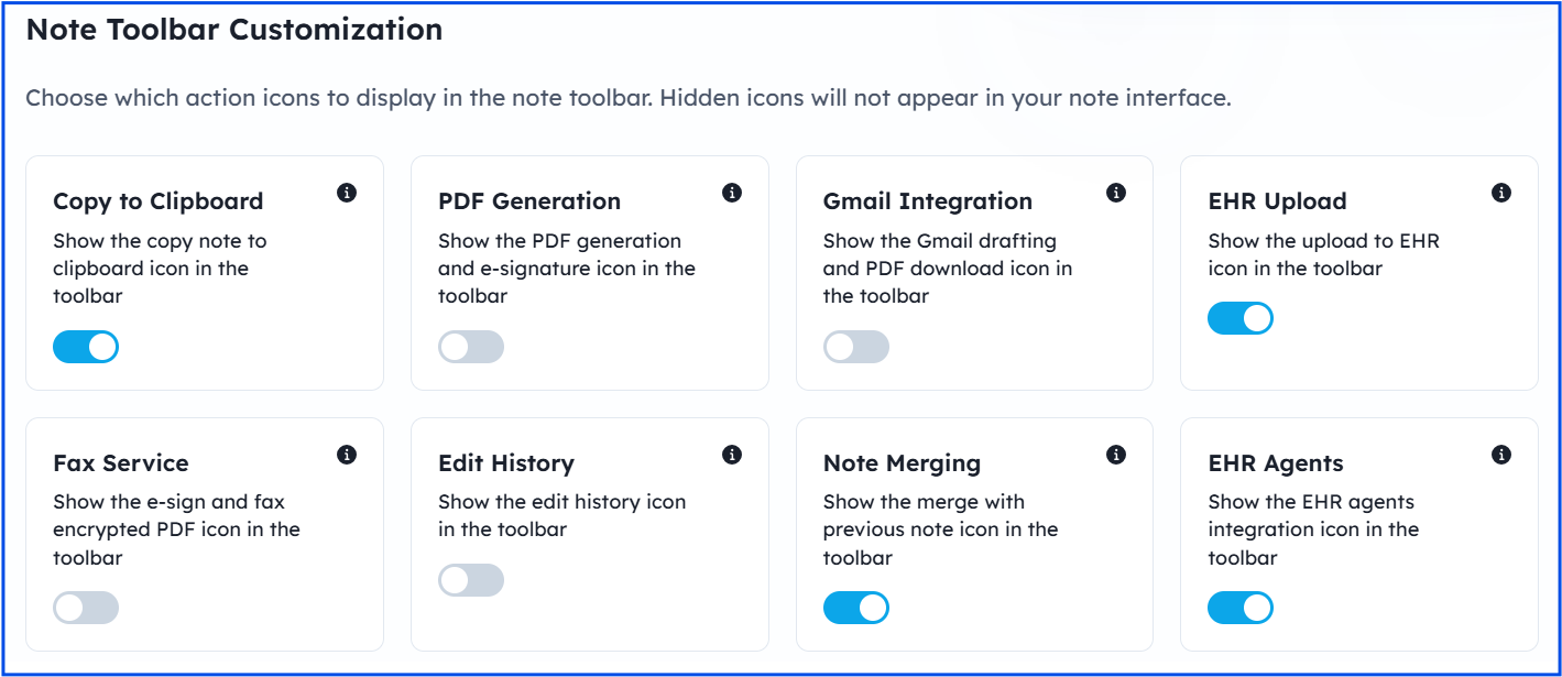 Note Toolbar Customization settings