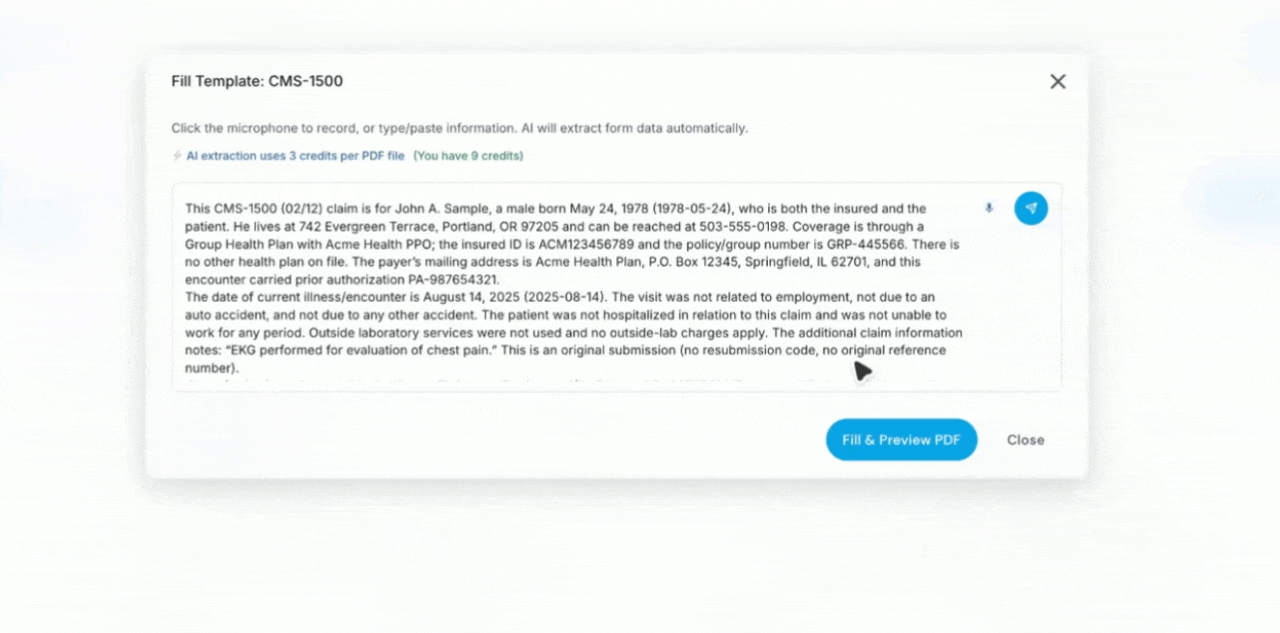 AI Forms fill interface showing patient note input and auto-filled form fields