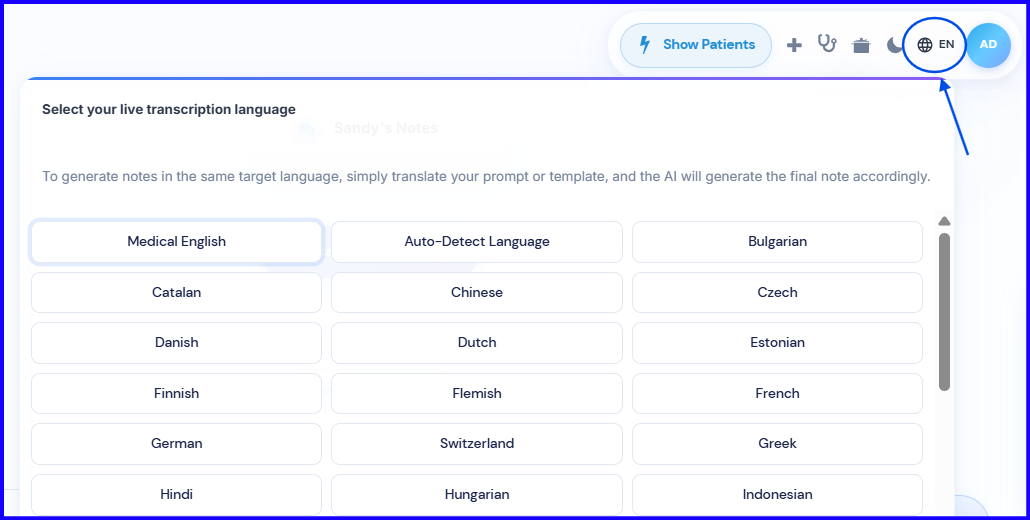 Language dropdown showing available language options