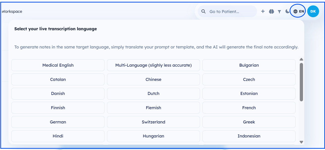 Language selection dropdown during mid-session switch