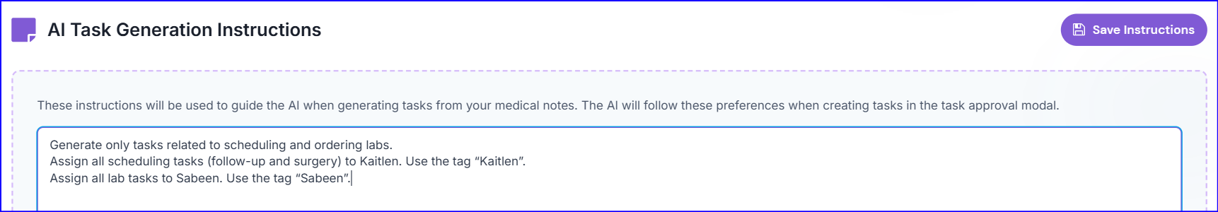 AI Task Generation Instructions settings panel