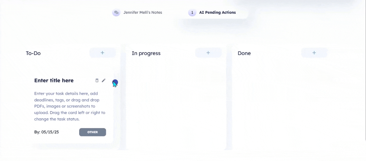 Editing a task card with title, description, and tag fields