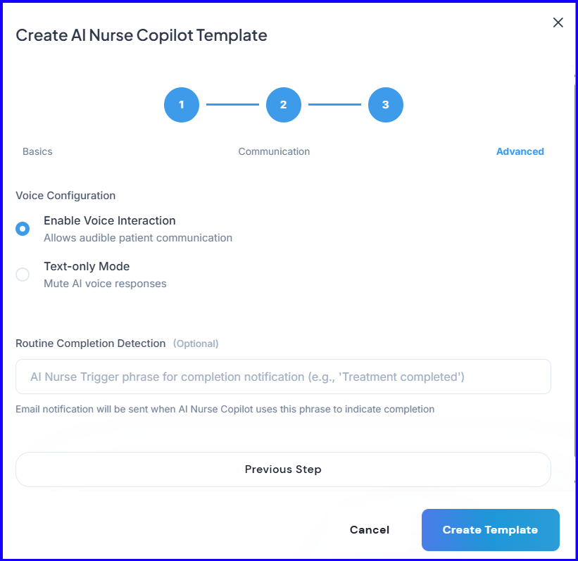 AI Nurse advanced settings — voice mode and routine completion detection