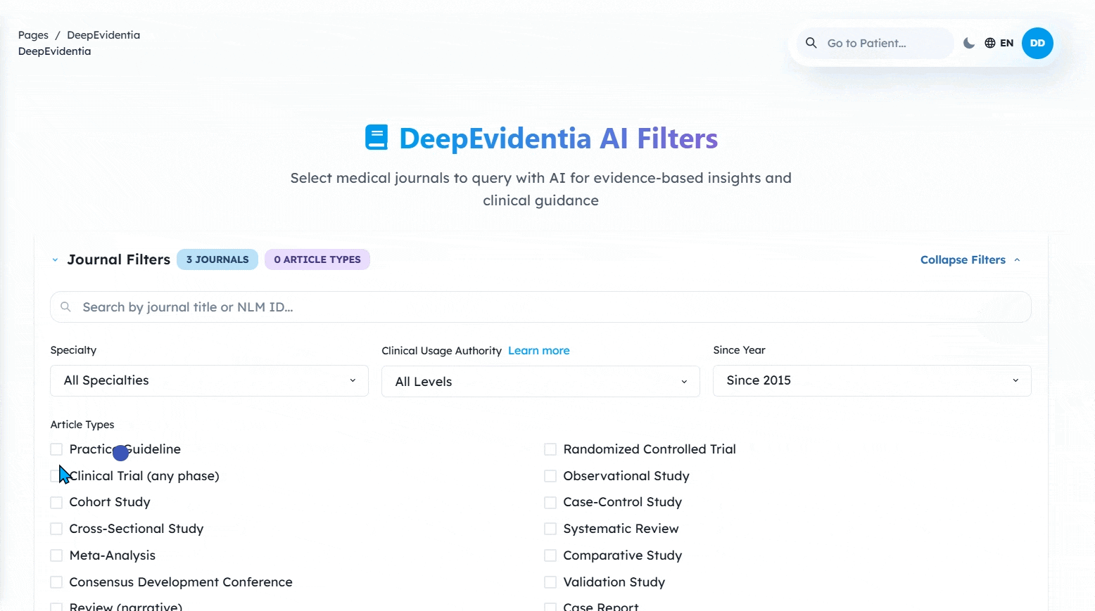 DeepEvidentia filter settings