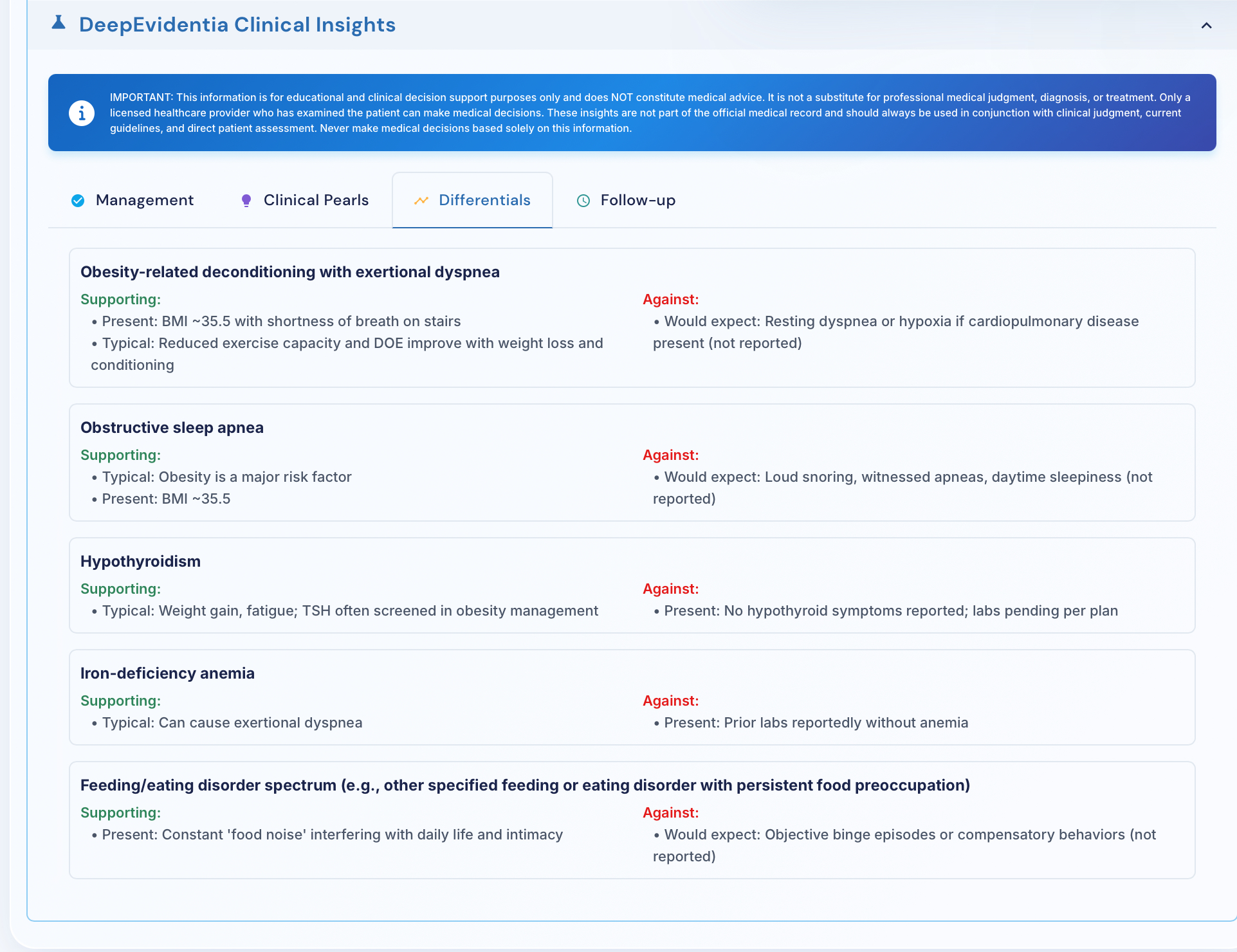 Evidence insights section in note