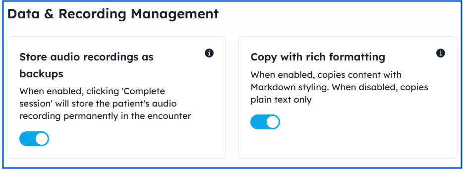 Data and Recording Management settings
