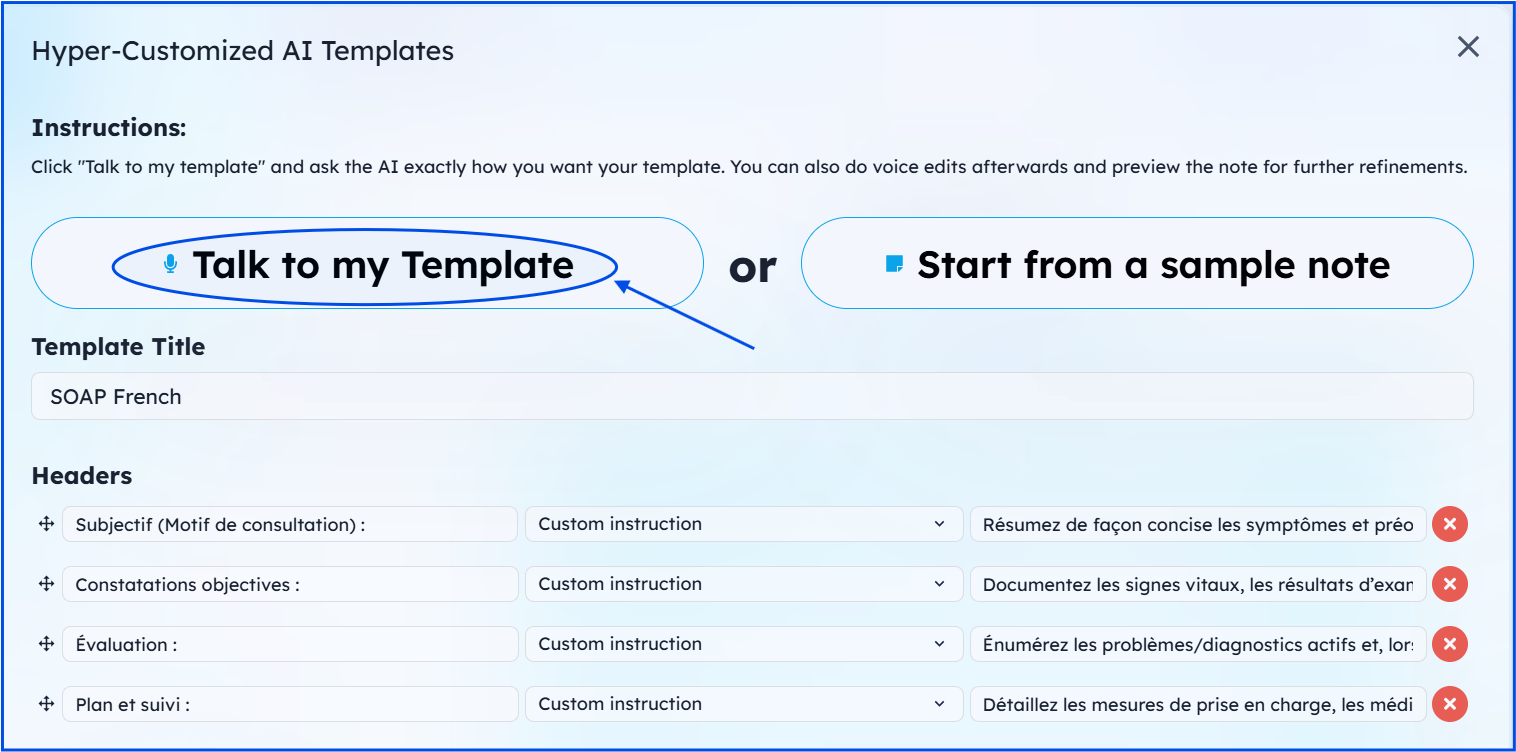 Template translation command interface
