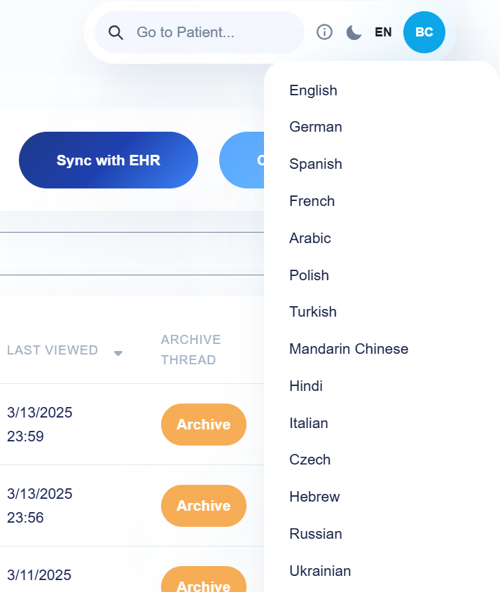 Language selection dropdown
