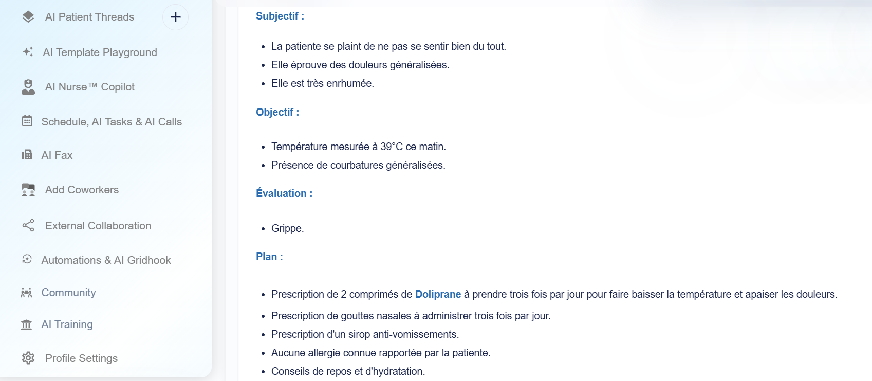 Example of French patient note