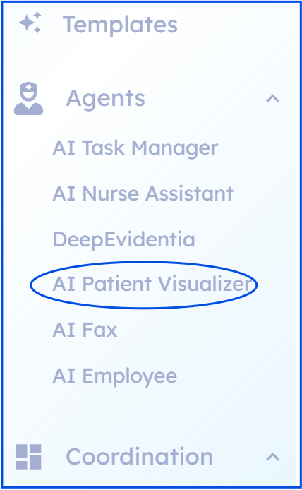 AI Agents sidebar navigation showing Patient Visualizer option