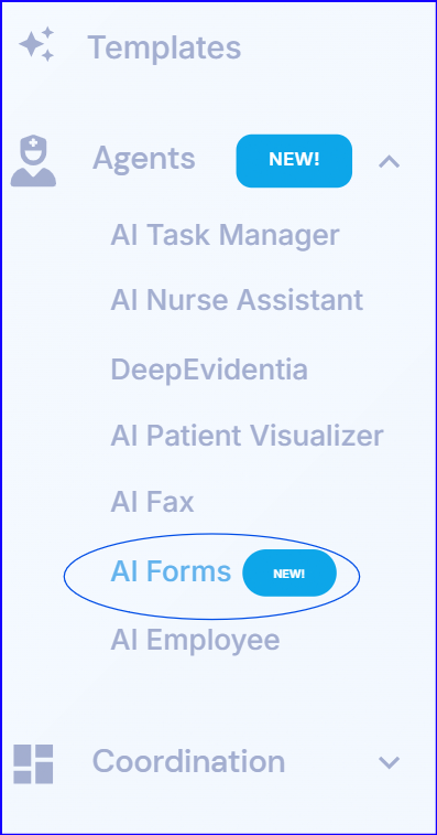 AI Forms option in the Agents sidebar navigation