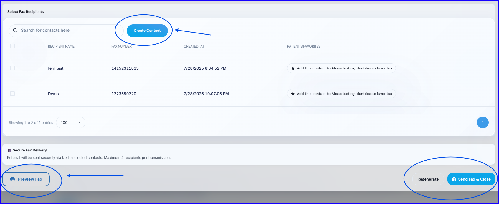 Create fax contact and send fax dialog
