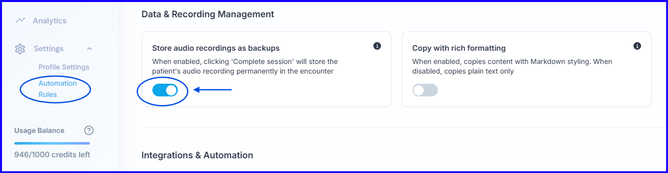 Store audio recording as backup setting