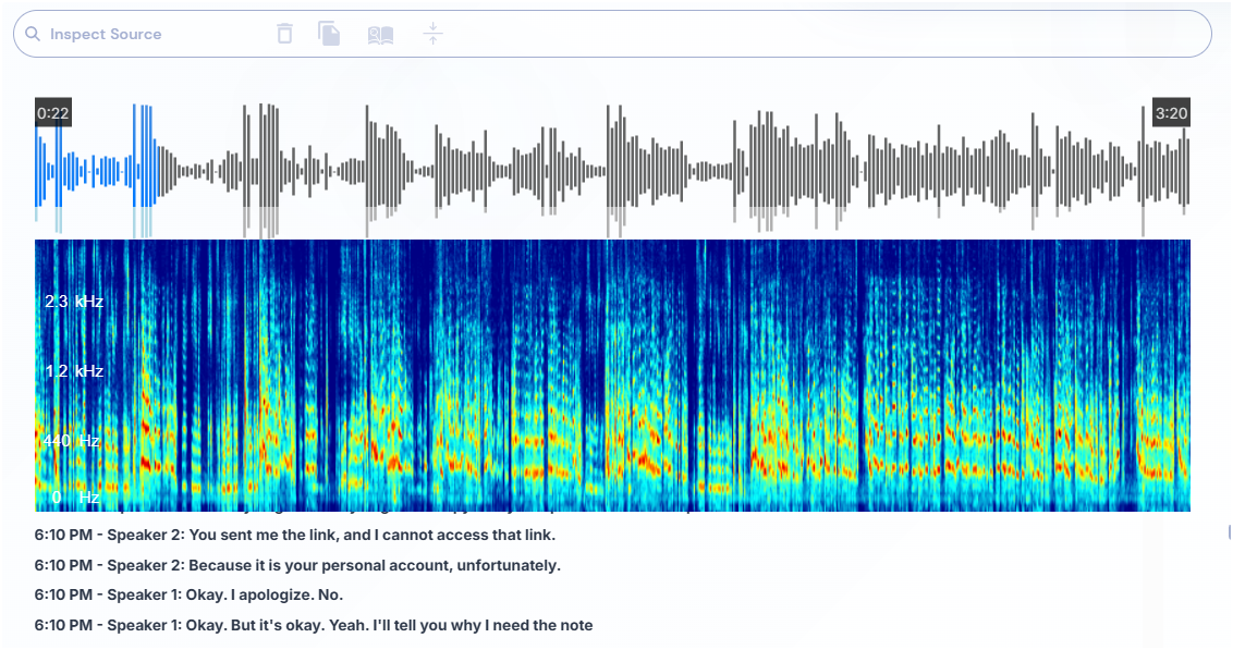 Audio playback in inspect source