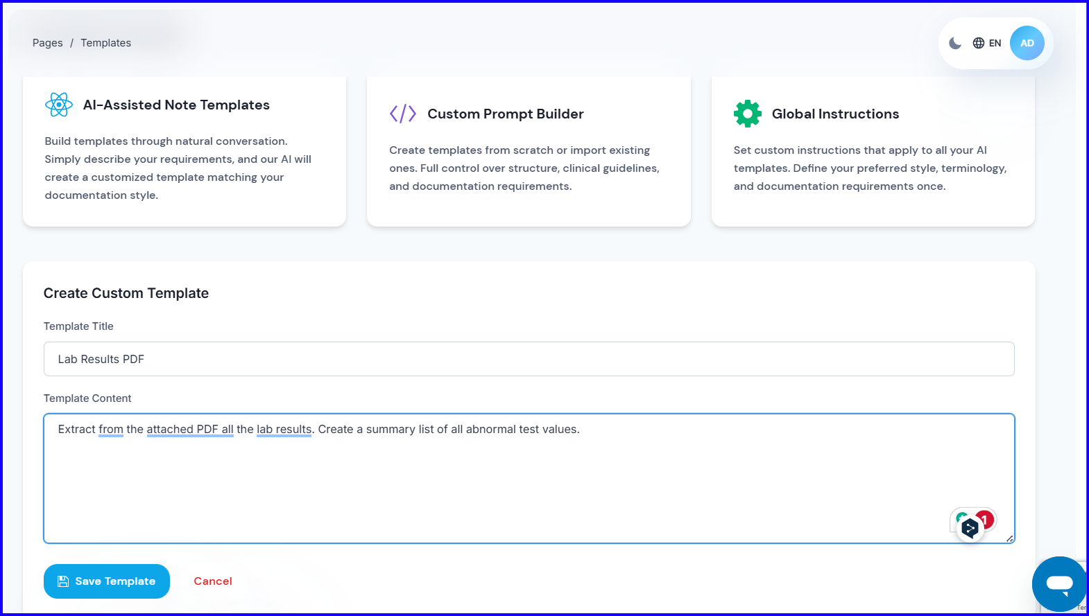 Custom Prompt Builder interface for creating a PDF analysis template