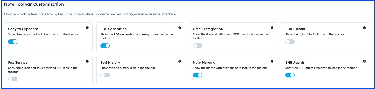 Note Toolbar Customization settings showing toggle switches for each icon