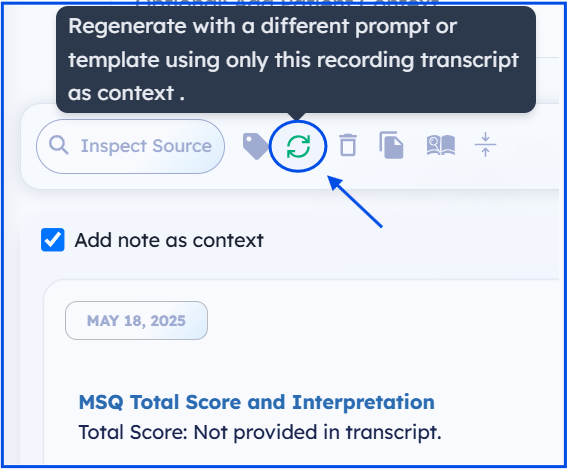 Regenerate icon next to a note in the patient thread